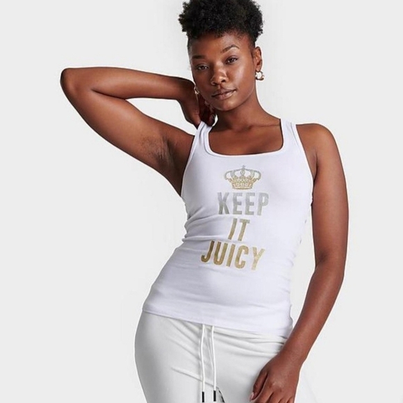 Juicy Couture Icons Keep It Juicy White Tank Top Silver Gold Glitter Size Small - Picture 1 of 10